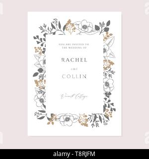 Invitation de mariage, save the date carte. Floral frame faite de fleurs, des baies roses et de feuilles d'eucalyptus et des branches. Gravure florale élégante Illustration de Vecteur