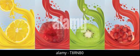 Jus de fruits réalistes, kiwi, framboise, grenade, citron. Les fruits frais. Close up Fruit splashes. Illustration 3D de vecteur. Illustration de Vecteur