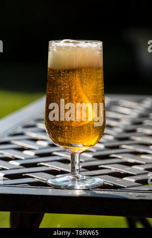 Un verre de bière blonde sur une table de jardin avec le soleil qui brille à travers et une mousse haut. Banque D'Images