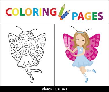 La page de coloriage pour les enfants. Butterfly Girl costume de carnaval. Plan et croquis version couleur. L'éducation des enfants. Vector illustration. Illustration de Vecteur