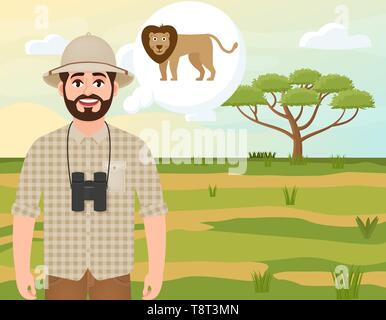 Homme heureux à Cork hat, chasseur animal pense de l'African Lion Safari, paysage, umbrella acacia, campagnes africaines, vector illustration Illustration de Vecteur