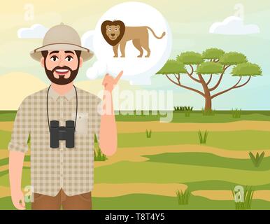 Homme heureux à Cork hat, chasseur animal pense de l'African Lion Safari, paysage, umbrella acacia, campagnes africaines, vector illustration Illustration de Vecteur