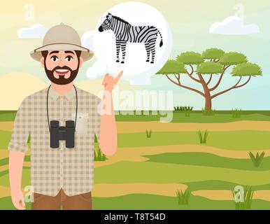 Homme heureux dans un chapeau de liège, un animal hunter pense à un zèbre, un paysage de safari, un parapluie acacia, campagnes africaines vector illustration Illustration de Vecteur