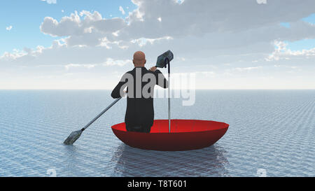 Le surréalisme. Homme en costume avec palettes flotte dans parapluie rouge. Banque D'Images