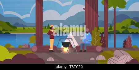 African American couple randonneurs homme femme préparer les repas en bowler pot d'eau bouillante à près de camp camp camping tente concept paysage nature river Illustration de Vecteur