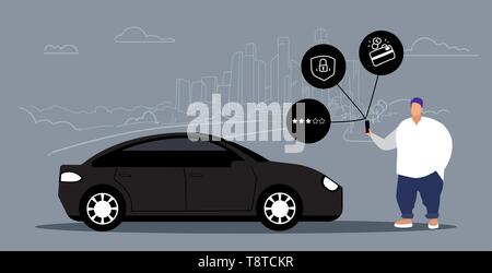 L'homme obèse en utilisant l'application mobile de location de voiture en ligne de partage de l'autopartage transport surpoids guy holding smartphone cityscape background Illustration de Vecteur