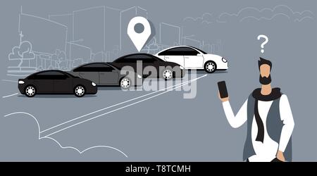 Recherche homme frustré avec emplacement voiture geo tag sur parking gratuit à l'aide de l'application mobile concept d'autopartage guy holding smartphone louer d'auto en ligne Illustration de Vecteur