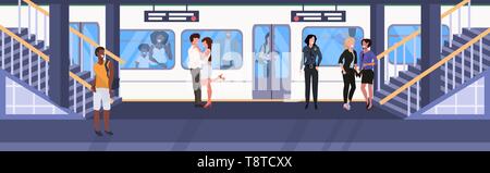 Mélanger les passagers à la course du métro station de métro homme femme debout sur la plate-forme train en attente city transport concept plate horizontale pleine Illustration de Vecteur