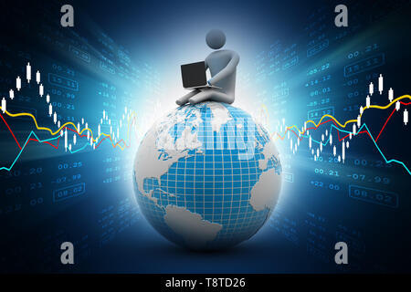 Homme assis sur un globe avec l'ordinateur portable. Sur le toit du monde. Banque D'Images