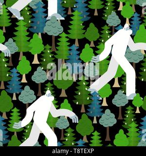 Bigfoot des patrons forestiers sans couture. Yeti et arbres arrière-plan. Ornement abominable homme texture sasquatch. Illustration de Vecteur