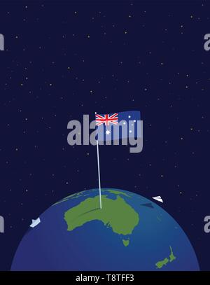 L'Australie sur le globe de la planète Terre, une vue de l'espace. Le drapeau de l'Australie, l'affiche Illustration de Vecteur