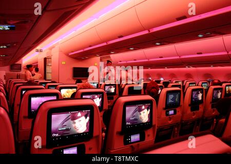 Sièges avec des écrans pendant le vol, la classe économique, vue de l'intérieur, l'Airbus A 350 Qatar Airways, Qatar Banque D'Images