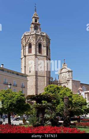Plaça de la Reina avec cathédrale de Valence avec tour de l'église, Micalet Valencia, Espagne Banque D'Images