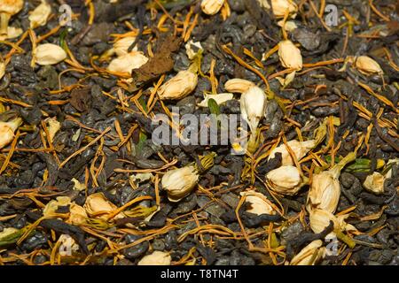 Mélange de thé vert avec des fleurs de jasmin, thé, poudre (Plumule lotus Nelumbo nucifera Gaertn.) et lotus blanc plateau, Thaïlande Banque D'Images