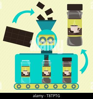 Le chocolat en poudre à la production en série en ligne. Usine de conserves de chocolat en poudre. Barre de chocolat en cours de traitement. Le chocolat en poudre d'emballage. Tasse de choco Illustration de Vecteur