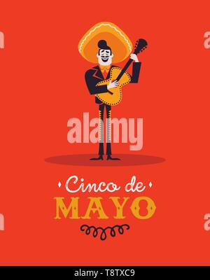 Heureux Le Cinco de Mayo carte de souhaits l'illustration de l'indépendance mexicaine maison de célébration. Cartoon mariachi homme avec grand chapeau à jouer de la guitare sur rouge b Illustration de Vecteur