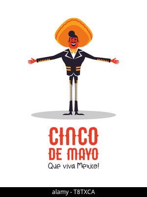 Heureux Le Cinco de Mayo carte de souhaits l'illustration de l'indépendance mexicaine maison de célébration. Cartoon mariachi homme chanteur avec grand chapeau. Illustration de Vecteur