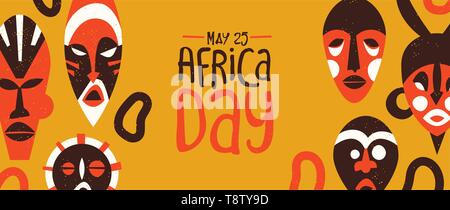 25 mai Journée de l'Afrique de bannière web tribal coloré masques africains. L'illustration de l'art ethnique traditionnelle maison de la liberté. Illustration de Vecteur