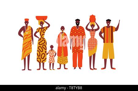 Les populations africaines isolées sur fond blanc. Divers Groupe de noirs, hommes et femmes dans des vêtements ethniques traditionnels le concept de société pour l'Afrique. Illustration de Vecteur