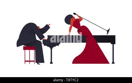 Concert de jazz, concept. L'homme à jouer du piano avec la chanteuse femme isolée sur fond blanc pour music festival ou événement. Illustration de Vecteur