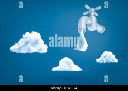 Le rendu 3D de gris avec robinet goutte d'eau sur le point de tomber sur fond bleu avec trois nuages blancs. Banque D'Images