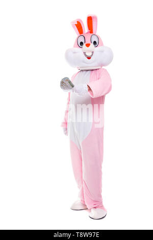 Lapin de Pâques avec ventilateur de dollars, célèbre Pâques. Lucky Man riche détient l'argent hundred dollar bills Banque D'Images