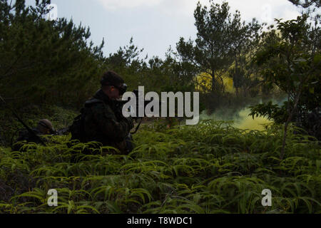 Les Marines de reconnaissance avec la 31e Marine Expeditionary Force de l'unité de peloton de reconnaissance effectuent des exercices d'incendie-pendant la formation au Camp Hansen, Okinawa, Japon, le 13 mai 2019. Les PRF Marines entraînent régulièrement pour quick, raids de cibles tactiques tant sur terre et mer pour remplir les missions du 31e raid spécialisé MEU est capable de conduire pendant les déploiements. La 31e MEU, le Marine Corps' seulement continuellement de l'avant-déployés MEU, fournit une force meurtrière et flexible prêt à réaliser une vaste gamme d'opérations militaires comme la première force d'intervention de crise dans la région Indo-Pacifique. (De Banque D'Images