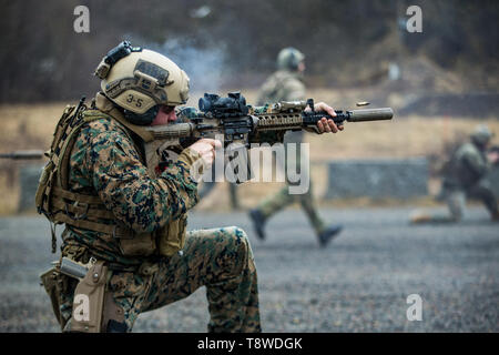 Un U.S. Marine avec le 1er Bataillon de Reconnaissance, 1 Division de marines de forêt downrange parmi une action immédiate au cours de l'effort de forage Ren Platinum à Fort Trondennes, Harstad, Norvège, le 13 mai 2019. Platine d'exercice Ren est une évolution de la formation de la coopération en matière de sécurité dans le théâtre qui a eu lieu avec la mission KJK pour soutenir les tâches essentielles dans des environnements d'exploitation et de renforcer les partenariats de la coalition. La principale technique de la marine a été exécuté "buddy rushing," un système où des Marines nommé le feu sur l'objectif, tandis que d'autres marines se précipiter dans la direction indiquée. (U.S. Marine Corps photo par le Sgt. Ta Banque D'Images