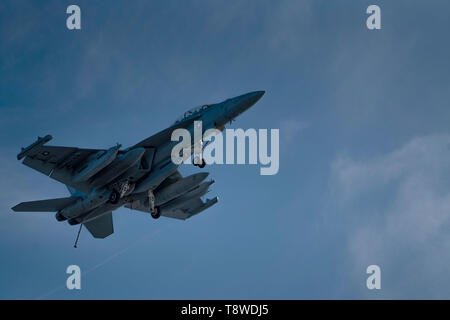 190513-N-FA490-2083 de l'OCÉAN PACIFIQUE (le 13 mai 2019) Un E/A-18G Growler, affecté à la "Loups gris" de l'Escadron d'attaque électronique (VAQ) 142, vole au-dessus du pont d'envol du porte-avions USS Theodore Roosevelt (CVN 71) tout en participant à l'exercice NORTHERN EDGE 2019. Limite nord fait partie d'une série d'exercices de commandement de l'Indo-Pacifique américain en 2019 qui prépare les forces conjointes pour répondre aux crises dans la région Indo-Pacifique. (U.S. Photo par marine Spécialiste de la communication de masse de la classe 3ème Andrew Langholf/libérés) Banque D'Images