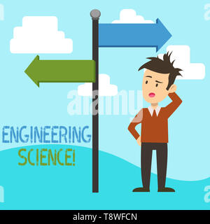 Texte de l'écriture en sciences de l'ingénierie. Photo conceptuelle et physique face à la base mathématique de l'homme de génie confondue avec la flèche de signalisation routière Banque D'Images