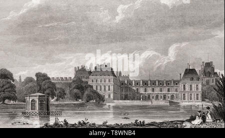 Le Château Royal de Fontainebleau, près de Paris, gravé en acier antique print 1831 Banque D'Images