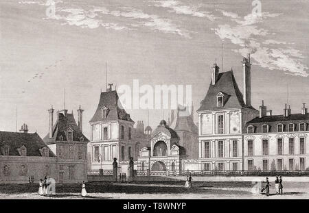 Cour intérieure, Château de Fontainebleau, près de Paris, gravé en acier antique print 1831 Banque D'Images