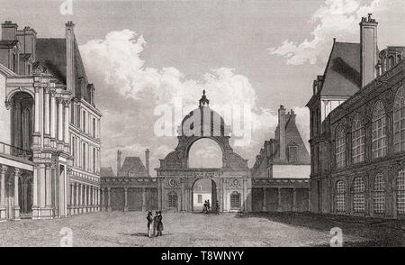 Cour d'Honneur, Château de Fontainebleau, près de Paris, gravé en acier antique print 1831 Banque D'Images