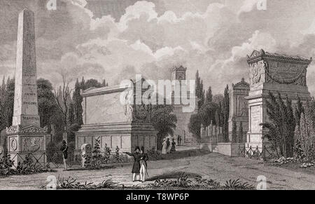 Monuments de Masséna et Lefebvre, cimetière du Père Lachaise, Paris, meubles anciens, 1831 impression gravée en acier Banque D'Images