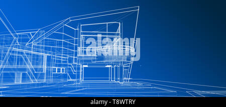 La façade extérieure de l'architecture concept design perspective 3D Rendu wireframe blanc fond bleu dégradé. Pour résumé fond ou de papier peint Banque D'Images