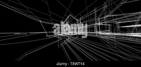 Concept design Architecture perspective 3D Wire Frame Rendering, fond noir. Pour résumé fond ou fond d'écran Thème de l'architecture tec Banque D'Images