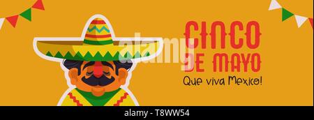 Heureux Le Cinco de Mayo illustration bannière web pour l'indépendance mexicaine maison de célébration. Cartoon mariachi homme chanteur avec grand chapeau et poncho et Viva Illustration de Vecteur