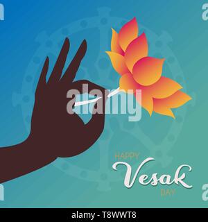 Joyeux Vesak Day Greeting card illustration. Main tenant l'or fleur pour célébrer la naissance de Bouddha. Illustration de Vecteur