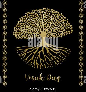 Joyeux Vesak Day card illustration. Arbre de bodhi or avec les racines et les feuilles pour la naissance de Bouddha célébration. Illustration de Vecteur