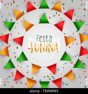 Festa Junina maison de l'illustration. Drapeaux colorés et confettis papier traditionnelle célébration pour le Brésil en juin. Illustration de Vecteur