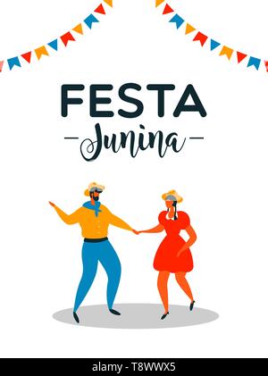Festa Junina illustration pour la célébration de brésilien. Heureux couple danse juin traditionnel. Illustration de Vecteur