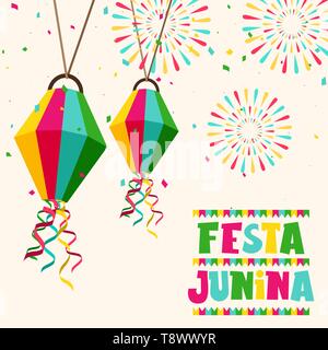 Heureux Festa Junina illustration cartes de vœux papier coloré de ballon et d'artifice pour fête brésilienne. Illustration de Vecteur
