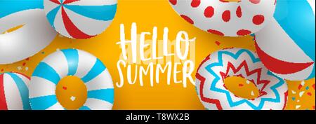 Hello Summer bandeaux web de 3d life savers et ballons de plage. Pool Party colorés ou événement saisonnier concept illustration. Illustration de Vecteur