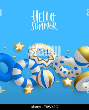 Hello Summer Greeting card illustration. Life Savers 3D, les étoiles et les ballons de plage de luxe en couleurs de l'or. L'élégante piscine party invitation ou summertime mer Illustration de Vecteur