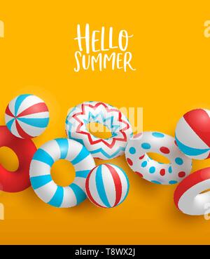 Hello Summer Greeting card de 3d life savers et ballons de plage. Pool Party colorés ou événement saisonnier concept illustration. Illustration de Vecteur