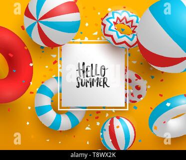 Hello Summer Greeting card inscrivez-modèle. Partie de la décoration de piscine colorés en 3d avec étiquette en papier pour l'été sur mesure d'un message texte. Illustration de Vecteur