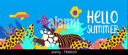 Hello Summer bannière web illustration de sous-marin de coraux colorés avec des plantes tropicales et des poissons dans le style cartoon dessiné à la main. Illustration de Vecteur