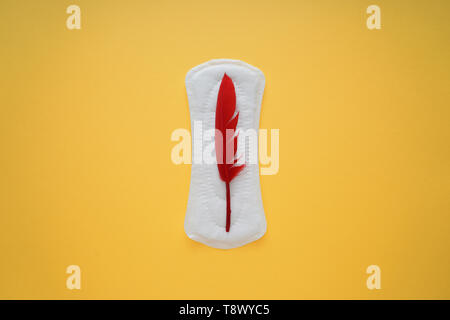 Tampon menstruel avec plume rouge sur un fond de couleur Banque D'Images