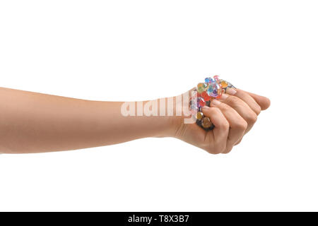 Man squeezing stress sur fond blanc Banque D'Images