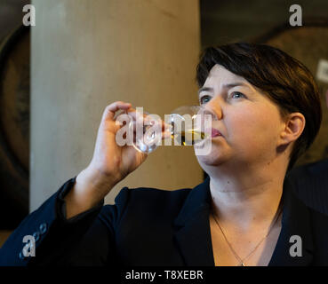 Doune, Ecosse, Royaume-Uni. 15 mai 2019. Le chef conservateur écossais Ruth Davidson visites distillerie Deanston MSP Doune dans sur une élection européenne visite. Au cours de la visite, elle a goûté des drêches de whiskies. Banque D'Images